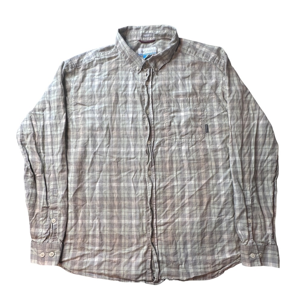Columbia Shirt Mens XXL Tan Plaid Button Down Long Sleeve Cotton Casual Hiking